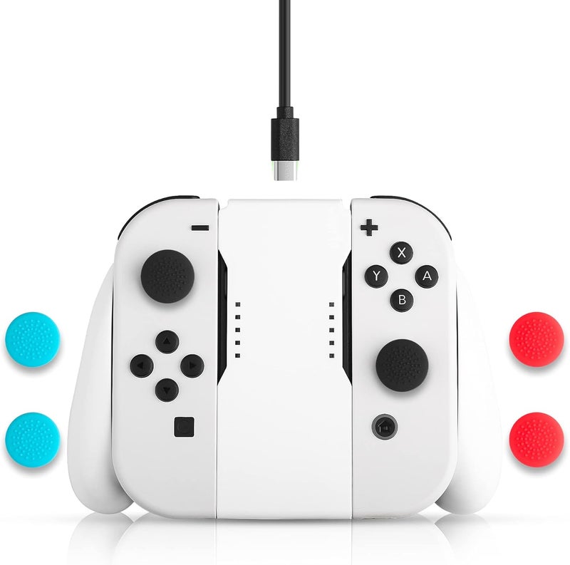 FANPL Charging Controller for Nintendo Switch & Switch OLED Joy-Cons, Game Accessories with Charge Indicator, Handle Grip with 1 m/3.3 Ft USB Type-C Data Cable, 6 Thumb Grip Caps (White) - Image 1